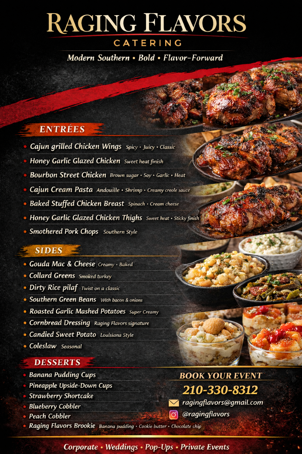 Raging Flavors Catering Menu with entrees like Cajun Grilled Chicken Wings, Bourbon Street Chicken, sides, and desserts