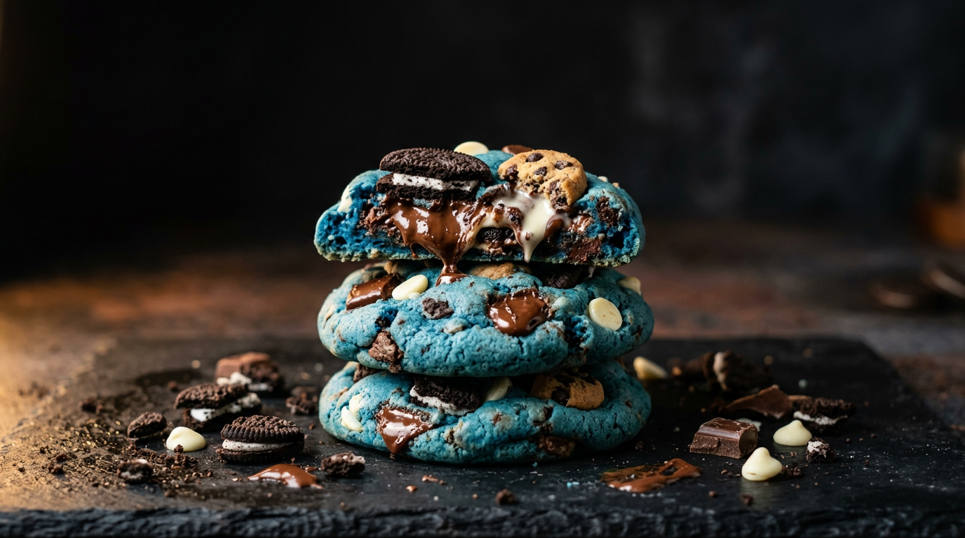 Blue Cookie Monster Crunch Cookies, stacked on a dark slate