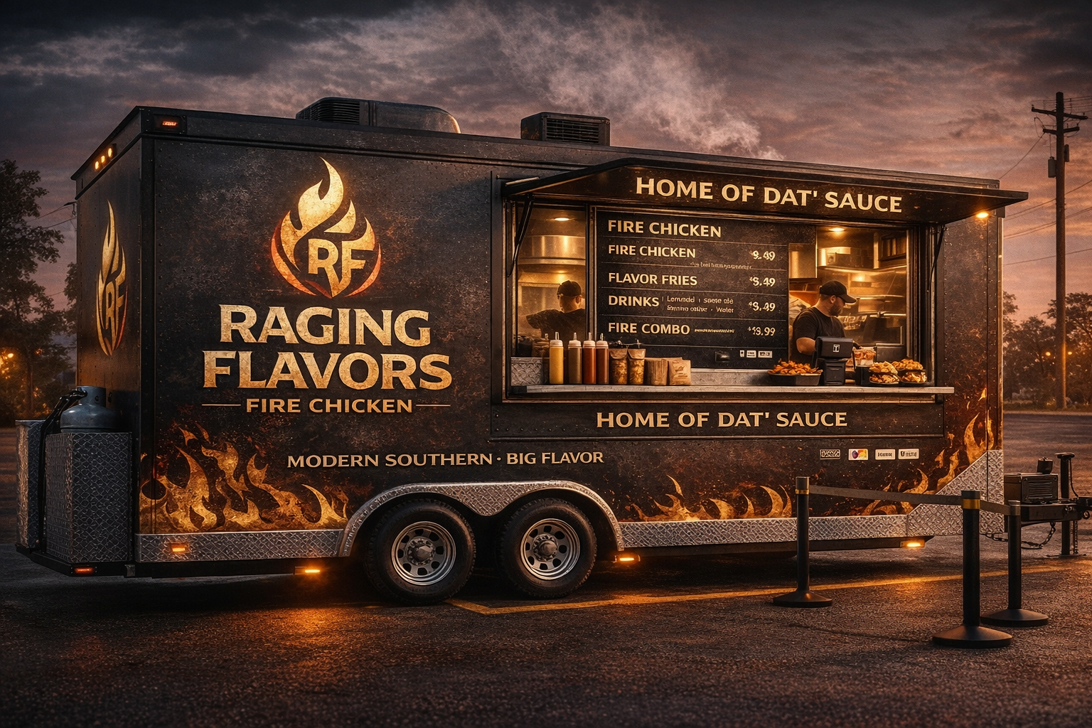 Raging Flavors Fire Chicken food trailer - Home of Dat' Sauce, serving Fire Chicken, Flavor Fries, and more in San Antonio