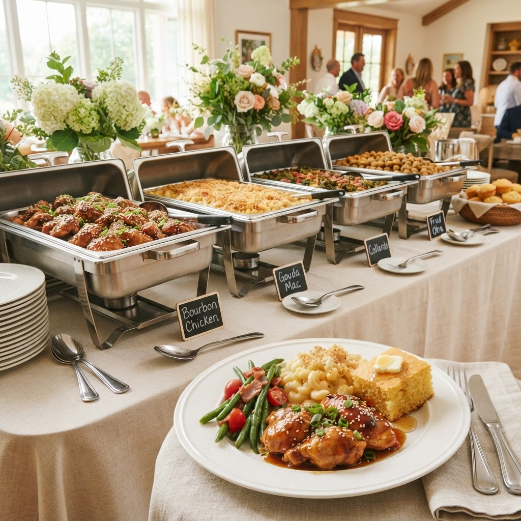 Southern catering buffet with glazed chicken, gouda mac and cheese, greens, and cornbread